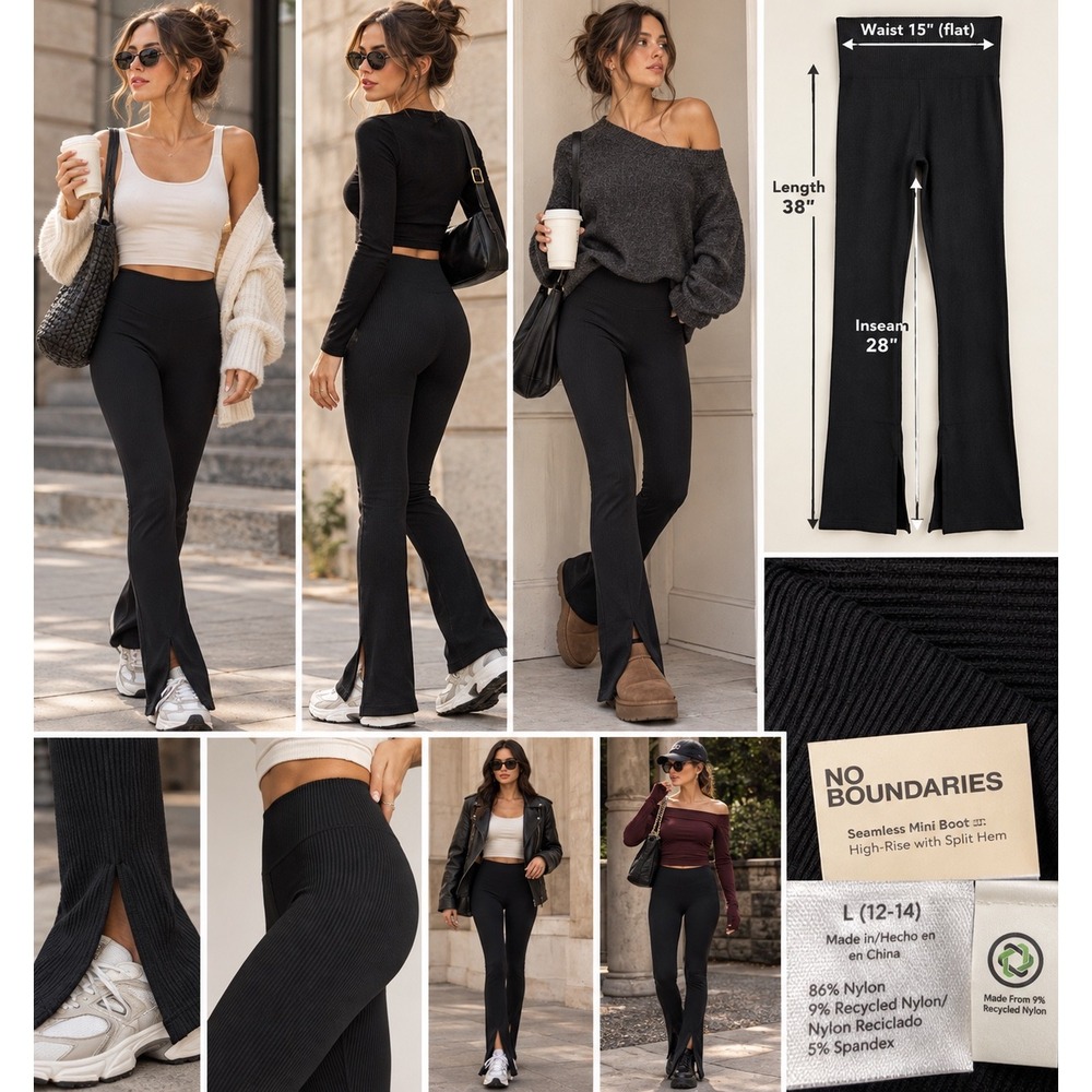 Y2K Black Ribbed Flare Leggings NWT L High Rise Split Hem Mini Boot Balletcore